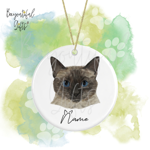 Personalised Watercolour Cat Face Round Ceramic Hanging Decoration - Siamese - Face 2