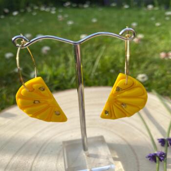 Polymer clay, Lemon Hoop Earrings: Gold Leaf Summer Jewelry