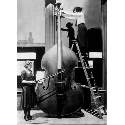 Holy Mackerel enormous cello retro black and white photographic card featuring a vintage image of a giant instrument - 12.6 x 17.7cm and blank inside