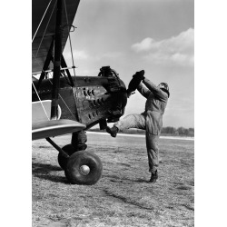 Holy Mackerel pilot retro black and white photographic card featuring a vintage image of an aviator and his plane - 12.6 x 17.7cm and blank inside