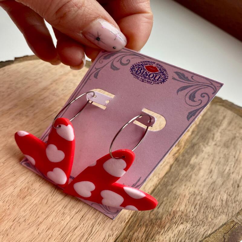 Handmade Red Heart Hoop Earrings | Polymer Clay Jewelry - silver