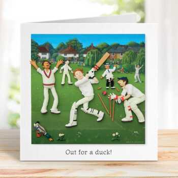 Out for a duck, blank cricket themed card - designed by Erica Sturla - 15cm square and blank inside, made in the UK