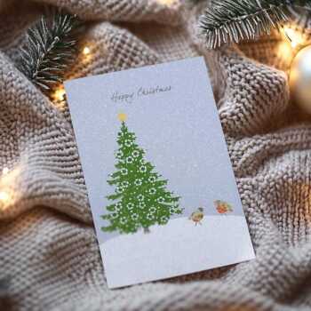 Robins and christmas tree card -  designed by Eloise Hall - 15.7 x 11cm and blank inside, made in the UK