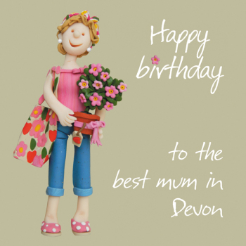 Best Mum in Devon Birthday Greetings Card, Designed by Erica Sturla for Holy Mackerel. Card is 150mm Square and Blank Inside.