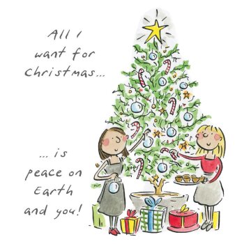 Peace on Earth and you (female), a 150mm square festive Christmas greetings card featuring Rosie Brooks artwork, message inside reads Merry Christmas