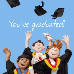 Holy Mackerel You've graduated congratulations on your graduation card - designed by artist Erica Sturla - 15cm square and blank inside for your message - made in the UK