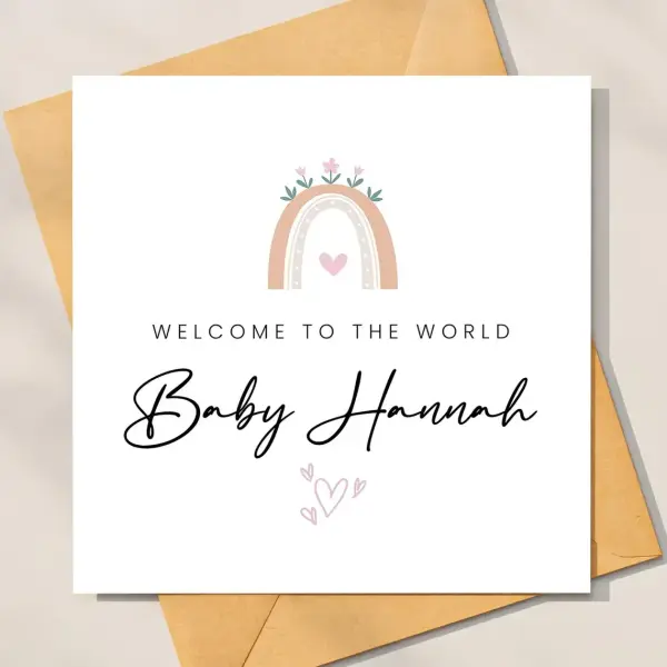 Personalised New Baby Card - Welcome to the World Floral Rainbow - Standard Smooth Card