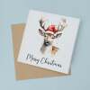Fun Christmas Card of a Stag Wearing A Santa Hat Whimsical Watercolour Christmas Card For Animal Lover For Him or Her - Square (5.5x5.5) / Blank Inside