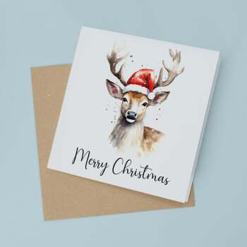 Fun Christmas Card of a Stag Wearing A Santa Hat Whimsical Watercolour Christmas Card For Animal Lover For Him or Her
