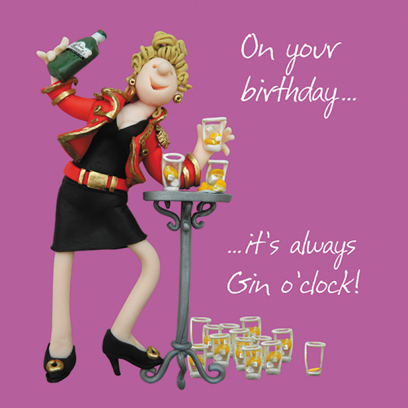 Holy Mackerel Gin o clock female birthday card designed by Erica Sturla, for friend, sister, girlfriend, wife, daughter, mother etc. Card is 15cm square and blank inside for your own message