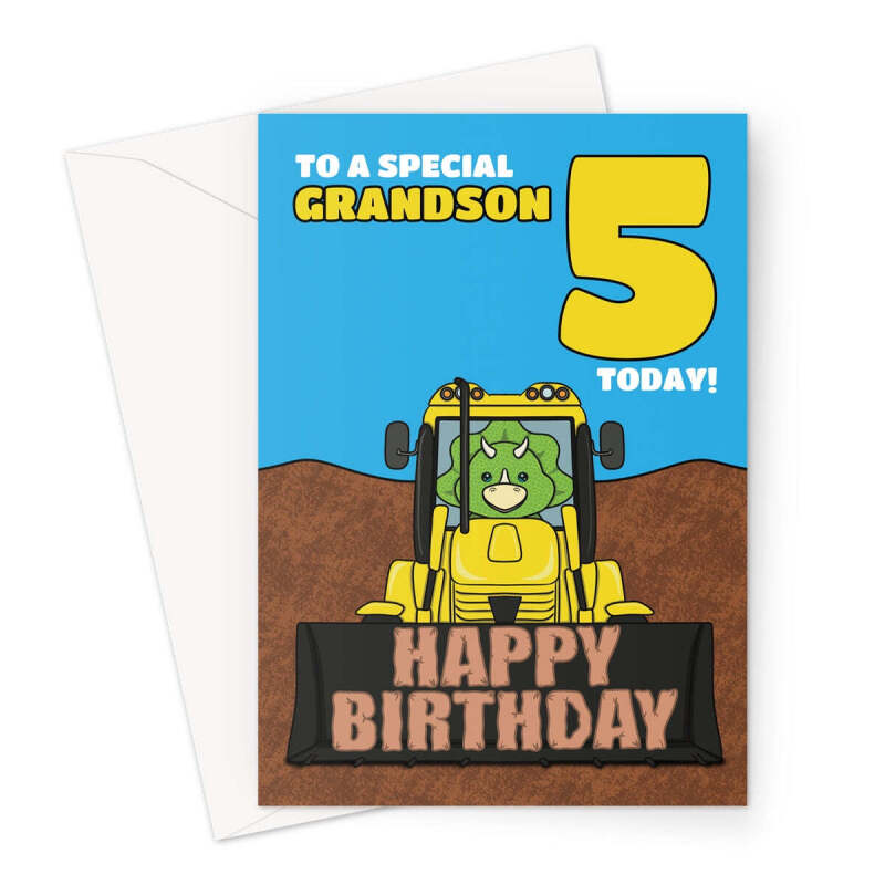 5th Birthday Card For Grandson - Dinosaur Digger - A5 Portrait - 1 Card