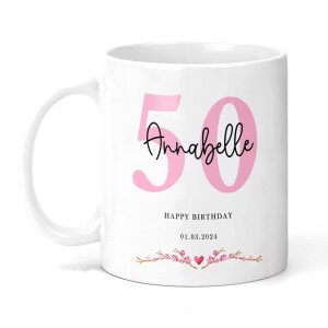Personalised 50th Birthday Ceramic Mug - Pink Floral