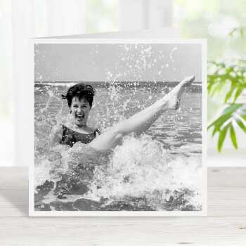 Making a splash - vintage black and white swimming themed card - 15cm square and blank inside - made in the UK