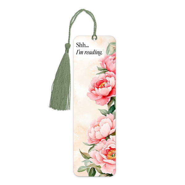 Aluminium Bookmark with Tassel - Shh... I'm Reading - Tall (Approx. 150mm x 45mm) - Double-Sided Print