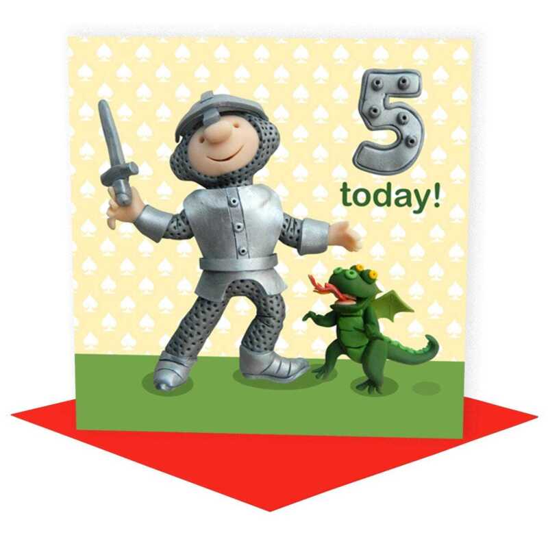 Birthday boy age 5 in a knight costume - child's age birthday - designed by Erica Sturla - 15cm square and blank inside, made in the UK