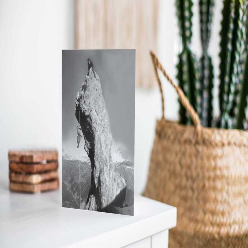 Peak performance, black and white vintage photographic card featuring rock climbers - 12.6 x 17.7cm and blank inside - made in the UK