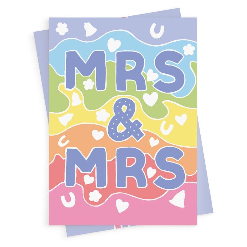 Mrs and Mrs, confetti themed lesbian wedding card with a gorgeous printed envelope - 12 x 17cm and blank inside - made in the UK