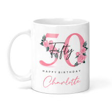 Personalised 50th Birthday Ceramic Mug - Pink Floral Fifty