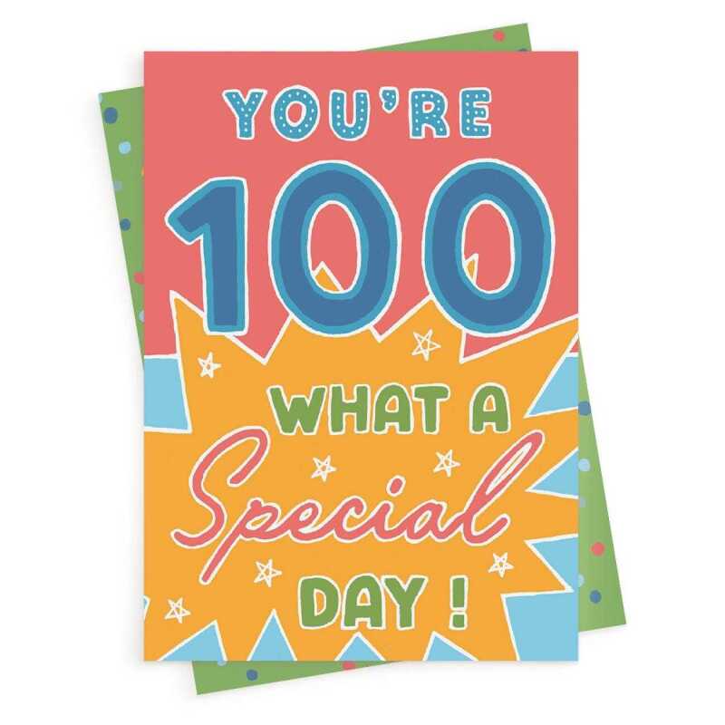 100 special day, a bright and fun 100th birthday card with a gorgeous printed envelope - 12 x 17cm and blank inside - made in the UK