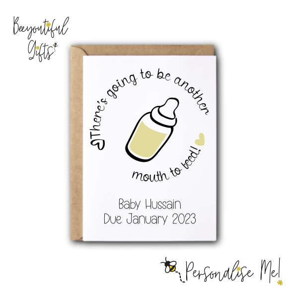 Personalised Pregnancy Announcement Card - There's Going To Be Another Mouth To Feed - Yellow - Small (Approx. A6)