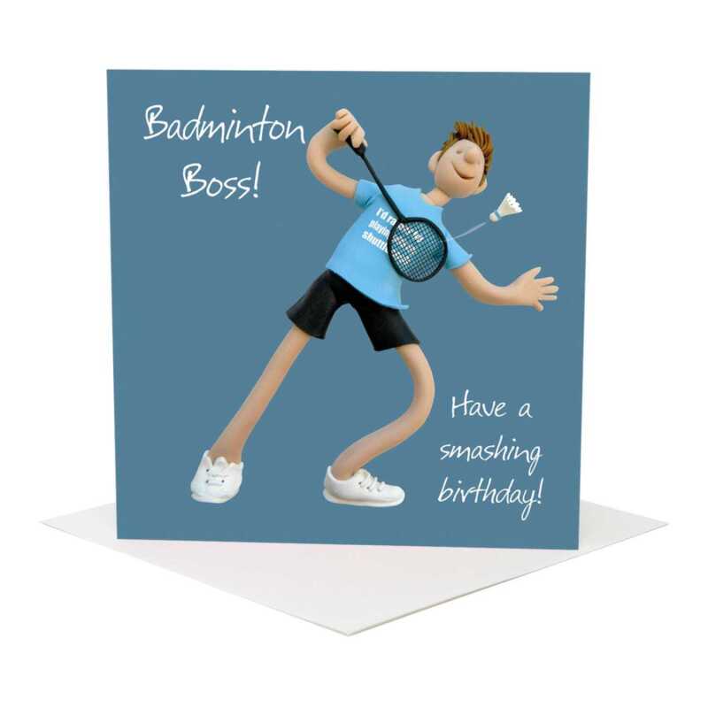 Badminton boss sports themed birthday card for him - designed by Erica Sturla - 15cm square and blank inside, made in the UK