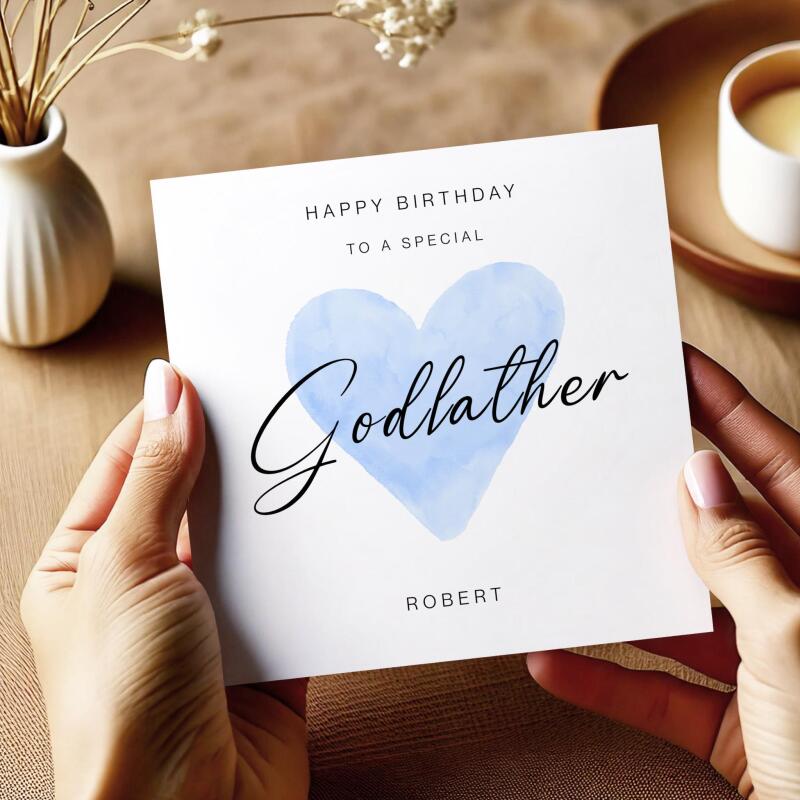 Godfather Birthday Card with Personalised custom name, Blue Watercolour Heart design, Handmade Greeting UK - Smooth No Message - Kraft Brown