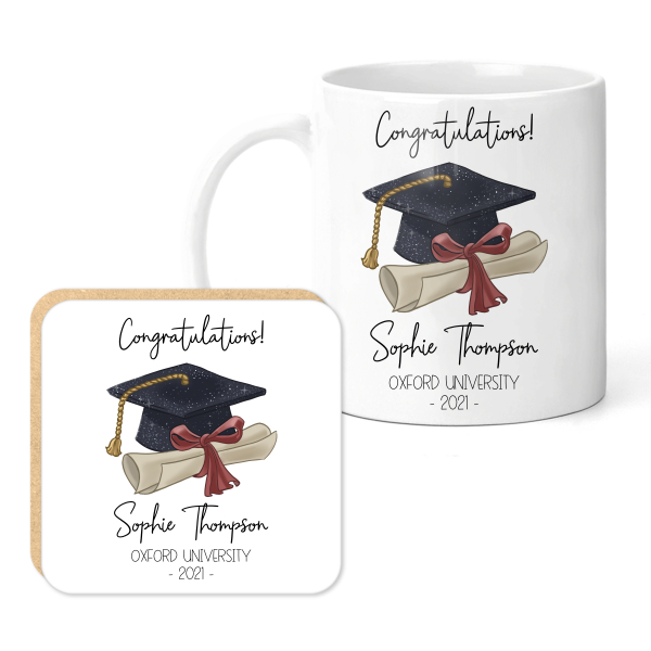 Personalised Graduation Mug & Coaster Set - Cap & Diploma