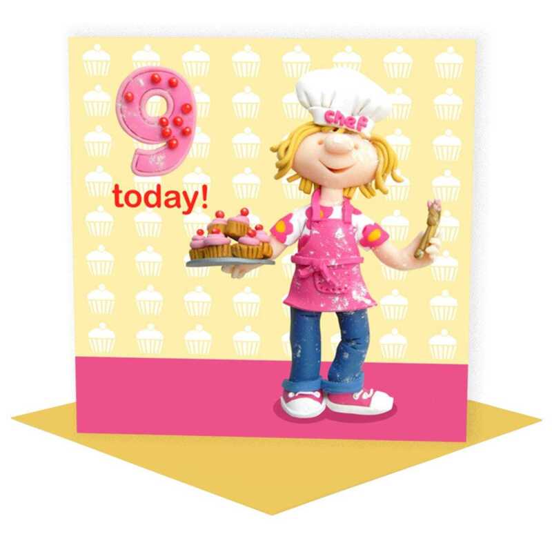 Birthday girl age 9 baking cupcakes - child's age birthday - designed by Erica Sturla - 15cm square and blank inside, made in the UK