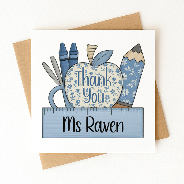 Personalised Thank You Teacher Card - Thank You Blue Ditsy Floral - Standard Smooth Card