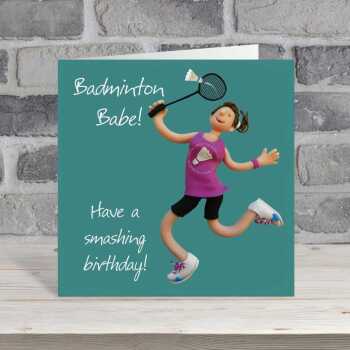 Badminton babe sports themed birthday card for her - designed by Erica Sturla - 15cm square and blank inside, made in the UK