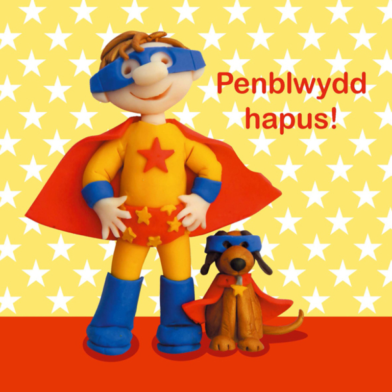 Holy Mackerel penblwydd hapus Welsh birthday card for a little boy featuring a superhero - designed by artist Erica Sturla - 15cm square and blank inside for your message - made in the UK
