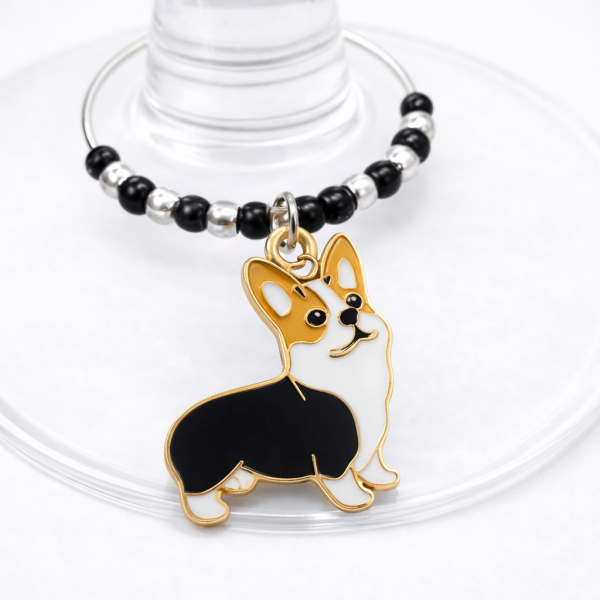 Handmade Wine Glass Charm - Enamel Black Corgi