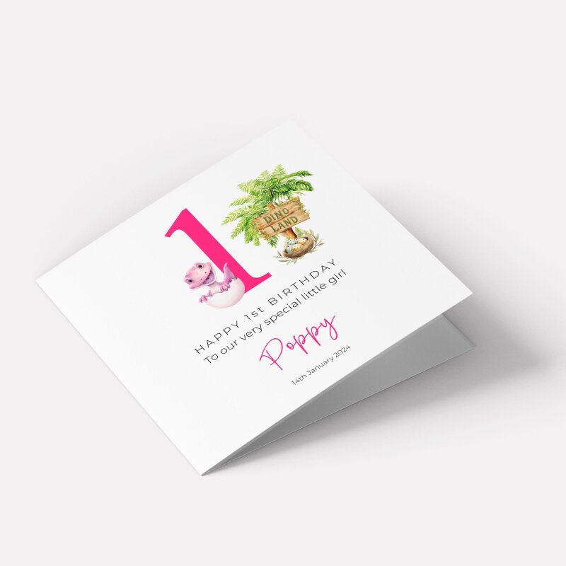 Personalised 1st birthday, 2nd or 3rd Baby Dinosaur Card Customised Handmade for Girls - Smooth No Message - Kraft Brown