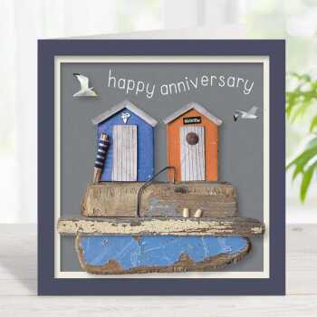 A couple of huts Seaside themed beach hut anniversary card - designed by Seth Draper - 15cm square and blank inside, made in the UK