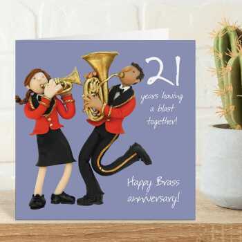 21st anniversary card (brass anniversary card) - designed by Erica Sturla - 15cm square and blank inside, made in the UK