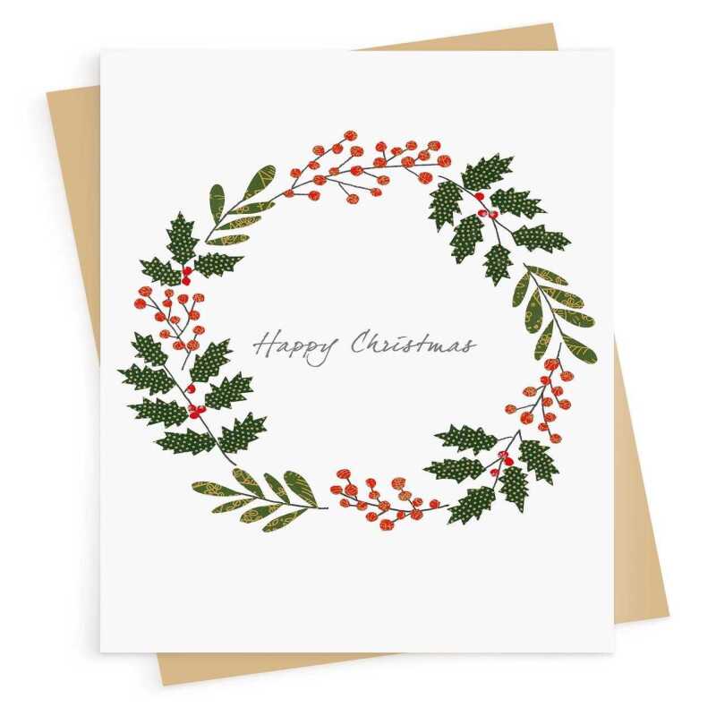 Christmas wreath card -  designed by Eloise Hall - 15.7 x 11cm and blank inside, made in the UK