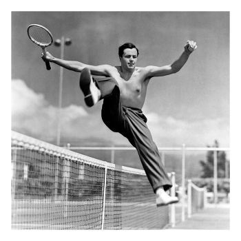 Holy Mackerel over the net retro black and white photographic card featuring a vintage image of a tennis player celebrating a winning set - 15cm square and blank inside