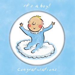 Holy Mackerel Congratulations it's a boy, a 15cm square new baby card featuring Rosie Brooks artwork, blank inside for your message