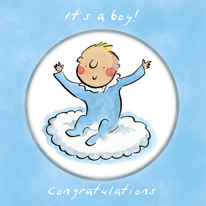 Holy Mackerel Congratulations it's a boy, a 15cm square new baby card featuring Rosie Brooks artwork, blank inside for your message