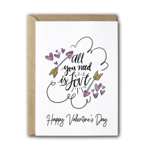 Valentine's Day Card - All You Need Is Love - Small (Approx. A6 | 105mm x 148mm | 4.1in x 5.8in) - Standard Smooth Card