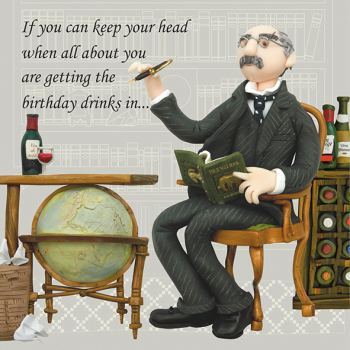 Holy Mackerel keep your head Rudyard Kipling birthday card featuring the journalist and novelist - designed by artist Erica Sturla - 15cm square and blank inside for your message - made in the UK