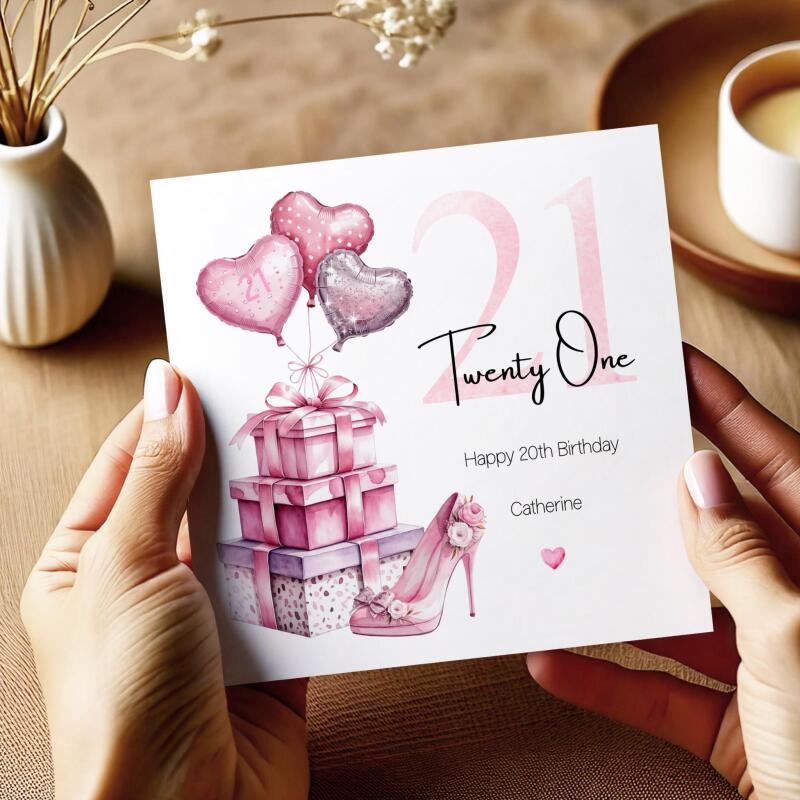 Personalised 21st Birthday Card for Her Pink Heels Balloons Gift Boxes Milestone Greeting Women - Smooth No Message - Kraft Brown