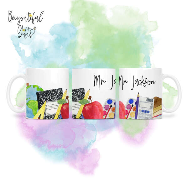 Personalised Teacher Ceramic Mug - Watercolour Teacher Essentials Full Wrap