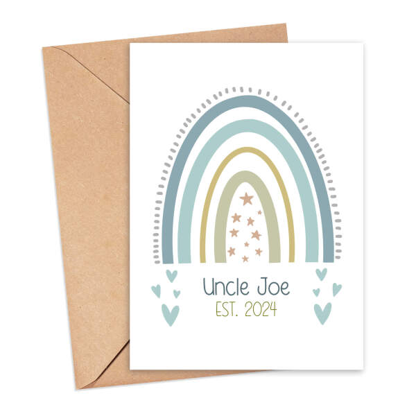 Personalised New Baby Card - Uncle Est. Pastel Blue Rainbow - Small (Approx. A6)