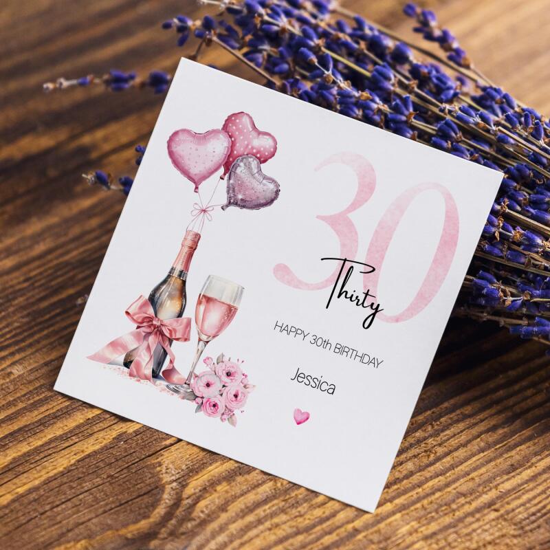 30th Birthday Card for Her Pink Champagne Balloons Flowers Personalised Milestone Greeting Thirty - Smooth No Message - Kraft Brown