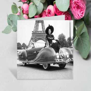 Parisian passenger, black and white photographic card featuring vintage fashion in paris - 12.6 x 17.7cm and blank inside - made in the UK
