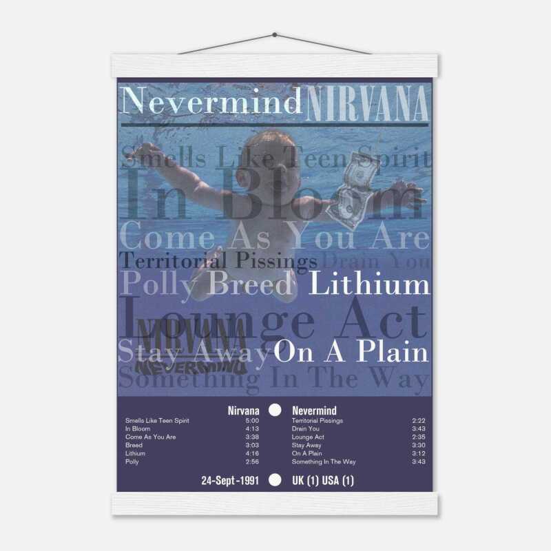 Nirvana Nevermind Tracklist Poster, Museum-Quality Matte Print with Hanger - White wall hanger