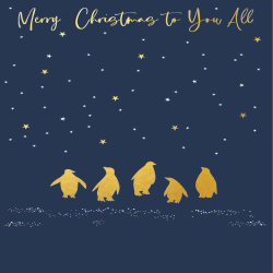 Holy Mackerel penguin group gold foiled luxury Christmas card - designed by Eloise Hall - 15.7 x 11cm - blank inside