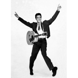 Holy Mackerel Elvis Presley and guitar retro black and white photographic card featuring a vintage image of the singer performing - 12.6 x 17.7cm and blank inside