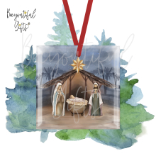 Glass Christmas Tree Decoration - Watercolour Birth of Jesus